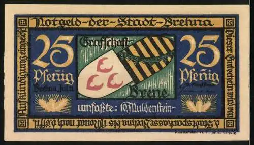 Notgeld Brehna 1921, 25 Pfennig, Stadtansicht und Wappen der Grafschaft Brehna