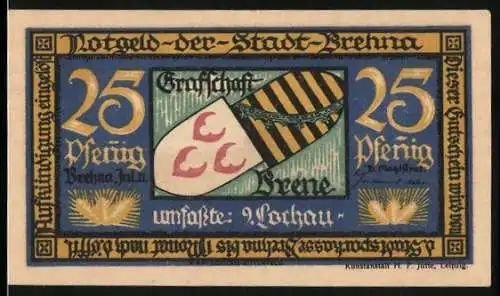 Notgeld Brehna 1921, 25 Pfennig, Grafenwappen und Stadtansicht