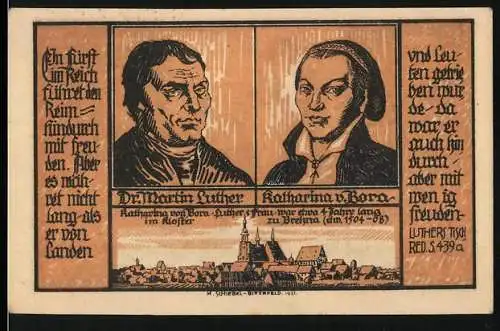 Notgeld Brehna 1921, 50 Pfennig, Martin Luther und Katharina von Bora Porträts, Stadtansicht und Turm