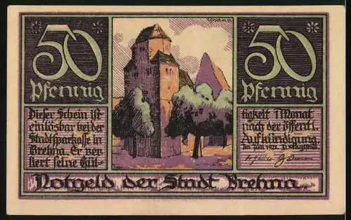 Notgeld Brehna 1921, 50 Pfennig, Martin Luther und Katharina von Bora Porträts, Stadtansicht und Turm