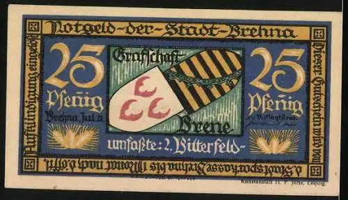 Notgeld Brehna 1921, 25 Pfennig, Stadtansicht und Wappen mit Schriftzug