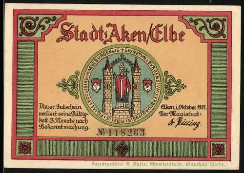 Notgeld Aken / Elbe 1921, 75 Pfennig, Stadtwappen und Rathausillustration