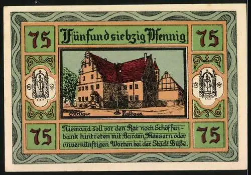 Notgeld Aken / Elbe 1921, 75 Pfennig, Stadtwappen und Rathausillustration