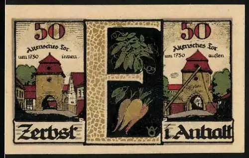 Notgeld Zerbst 1921, 50 Pfennig, Stadtansichten von 1750 und Wappen der Stadt, Seriennummer 106315