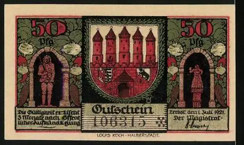 Notgeld Zerbst 1921, 50 Pfennig, Stadtansichten von 1750 und Wappen der Stadt, Seriennummer 106315