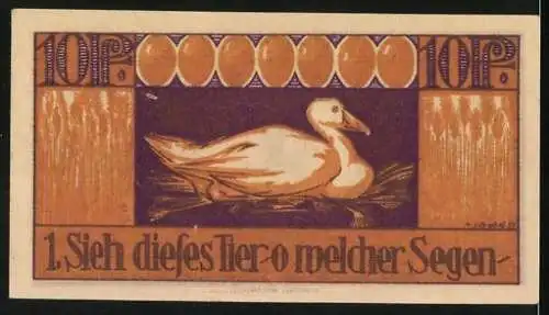 Notgeld Brehna 1921, 10 Pfennig, Reiter und Ente auf Nest