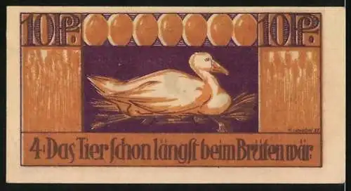 Notgeld Brehna 1921, 10 Pfennig, Vorderseite Ritter auf Pferd, Rückseite Ente auf Nest