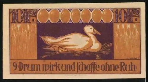 Notgeld Brehna 1921, 10 Pfennig, Reiter auf Pferd und Ente auf Nest