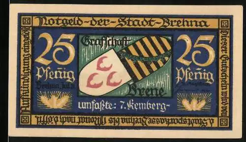 Notgeld Brehna, 1921, 25 Pfennig, Wappen und Stadtansicht im Jugendstilrahmen