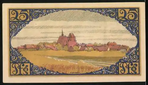 Notgeld Brehna, 1921, 25 Pfennig, Wappen und Stadtansicht im Jugendstilrahmen