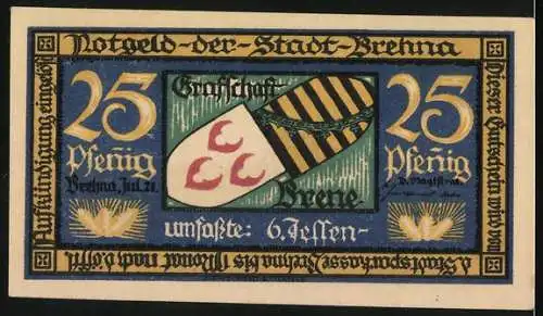 Notgeld Brehna, 1921, 25 Pfennig, Stadtansicht und Wappen, farbig gestaltet