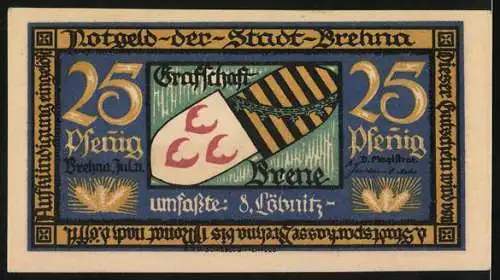 Notgeld Brehna 1921, 25 Pfennig, Stadtansicht und Wappen der Grafschaft Brehna