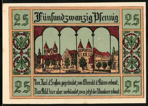 Notgeld Aken / Elbe, 1921, 25 Pfennig, Stadtansicht und Wappen mit Inschrift und Verfallsdatum