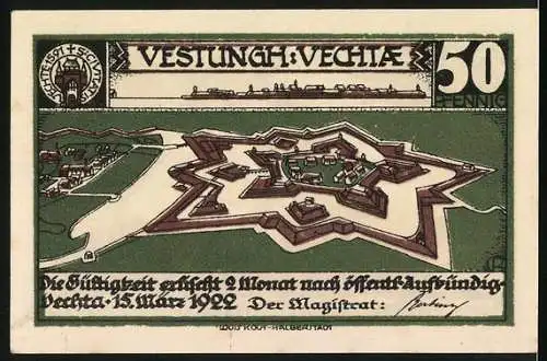 Notgeld Vechta, 1922, 50 Pfennig, Darstellung einer Festung und einer dramatischen Szene mit Schwertkämpfer