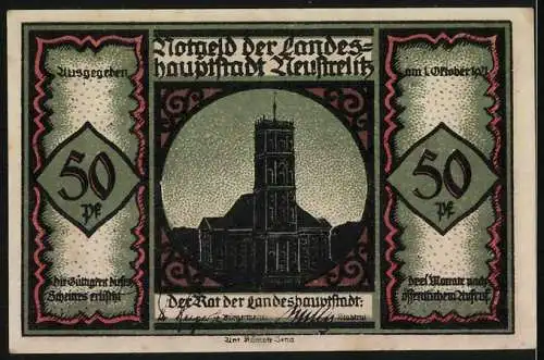 Notgeld Neustrelitz, 1921, 50 Pf, Silhouetten und Kirche der Landeshauptstadt