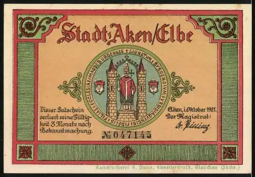 Notgeld Aken / Elbe, 1921, 50 Pfennig, Cöthener Tor und Elbtor, Stadtwappen und Gültigkeitshinweis