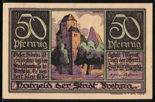 Notgeld Brehna, 1921, 50 Pfennig, Stadtturm und Porträts von Martin Luther und Katharina von Bora