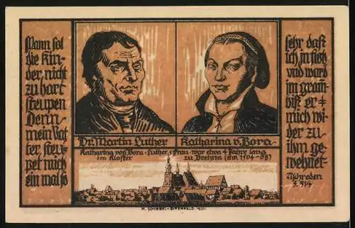 Notgeld Brehna, 1921, 50 Pfennig, Stadtturm und Porträts von Martin Luther und Katharina von Bora