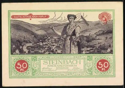 Notgeld Steinbach, 50 Pf, Gültig 30 Tage nach Abruf, Kirche und Frau mit Rechen vor Stadtansicht