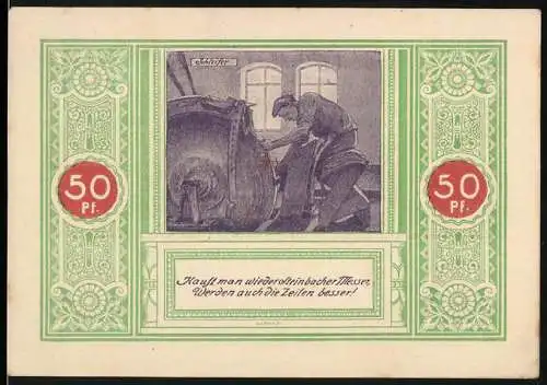 Notgeld Steinbach, 1921, 50 Pf, Schleifer und Frau mit Rechen vor Dorfhintergrund