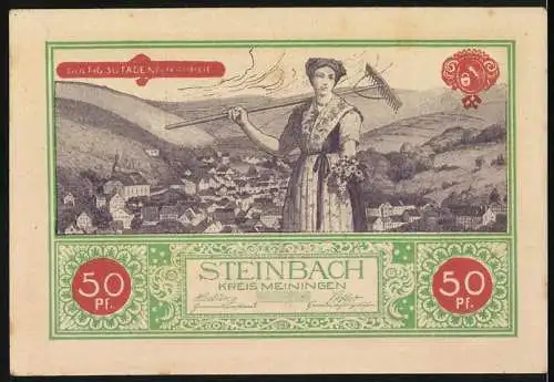 Notgeld Steinbach, 1921, 50 Pf, Schleifer und Frau mit Rechen vor Dorfhintergrund