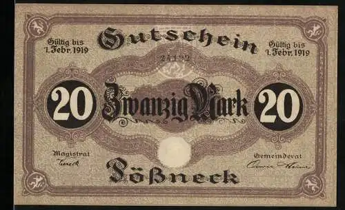 Notgeld Pössneck 1919, 20 Mark, Gutschein gültig bis 1. Febr. 1919