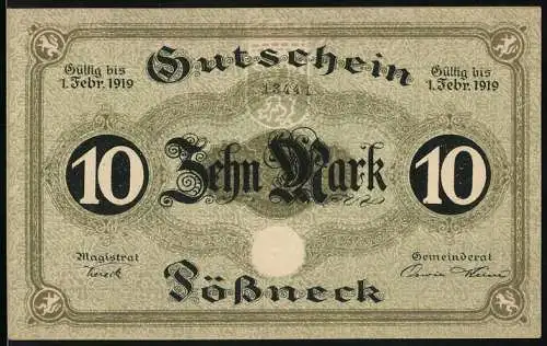 Notgeld Pössneck 1919, 10 Mark, Gutschein gültig bis 1. Febr. 1919, Seriennummer 1241