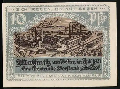 Notgeld Mallmitz, 1921, 10 Pfennig, Industrieansicht und Offiziere mit Porträt