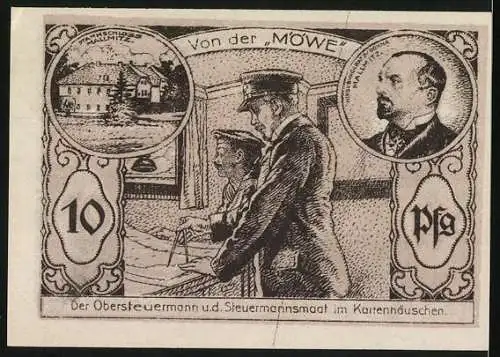 Notgeld Mallmitz, 1921, 10 Pfennig, Industrieansicht und Offiziere mit Porträt