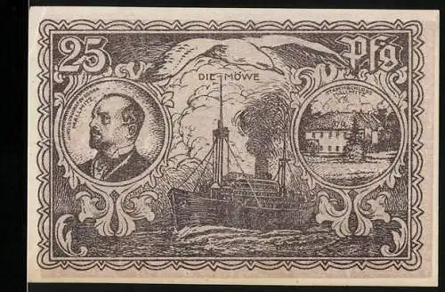 Notgeld Mallmitz am Bober, 1921, 25 Pf, Dampfschiff und Fabrikansicht, Die Möwe und Arbeit und Fleiss erhält ...