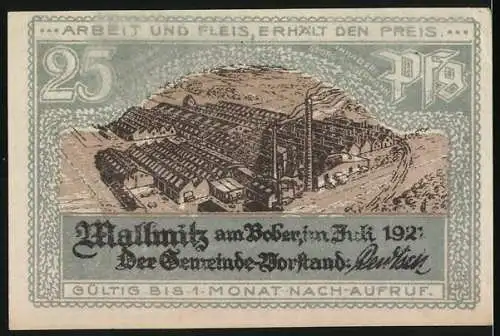 Notgeld Mallmitz am Bober, 1921, 25 Pf, Dampfschiff und Fabrikansicht, Die Möwe und Arbeit und Fleiss erhält ...