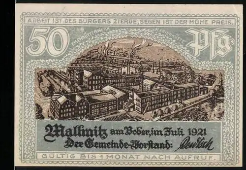 Notgeld Mallmitz 1921, 50 Pfennig, Fabrikansicht und Schiff Die Möwe