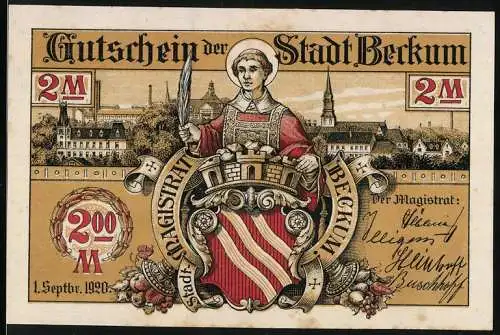 Notgeld Beckum 1920, 2 Mark, Stadtwappen mit Figur und Unterschriften, Rückseite mit Szene und Sonne