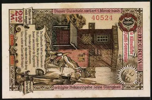 Notgeld Beckum 1920, 2 Mark, Stadtwappen mit Figur und Unterschriften, Rückseite mit Szene und Sonne