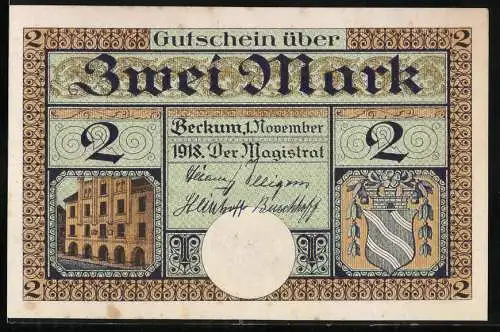 Notgeld Beckum 1918, 2 Mark, Gutschein über Zwei Mark mit Stadtwappen und Gebäudemotiv