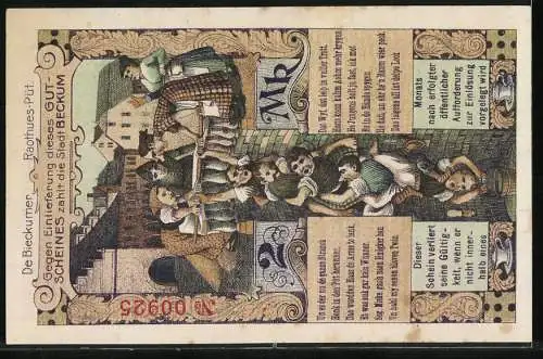 Notgeld Beckum 1918, 2 Mark, Gutschein über Zwei Mark mit Stadtwappen und Gebäudemotiv