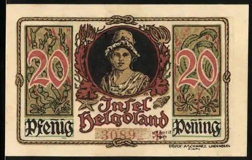 Notgeld Helgoland, 1921, 20 Pfennig, Frau mit Kopftuch und Wappen mit Heiligen