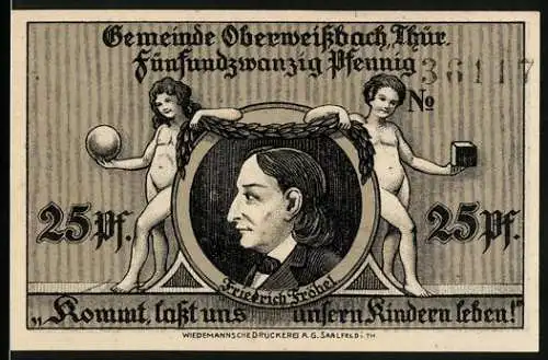 Notgeld Oberweissbach, 1921, 25 Pfennig, Friedrich Fröbel Porträt und Gebäudeansichten