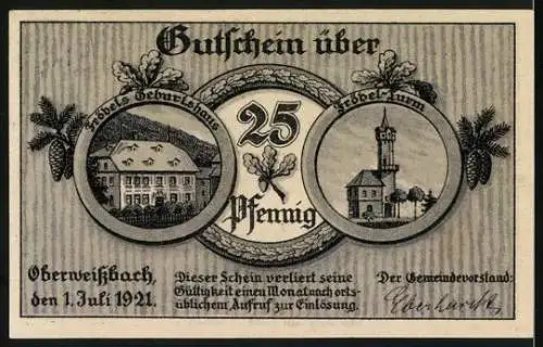 Notgeld Oberweissbach, 1921, 25 Pfennig, Friedrich Fröbel Porträt und Gebäudeansichten