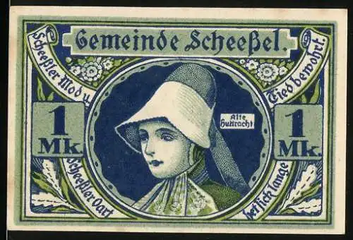 Notgeld Scheessel 1921, 1 Mk, Vorderseite Porträt einer Frau in Tracht, Rückseite Dorfansicht mit Kirche