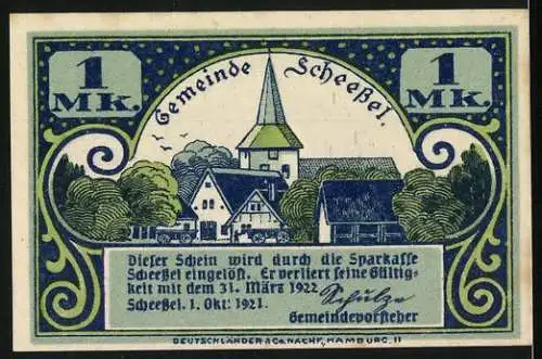 Notgeld Scheessel 1921, 1 Mk, Vorderseite Porträt einer Frau in Tracht, Rückseite Dorfansicht mit Kirche