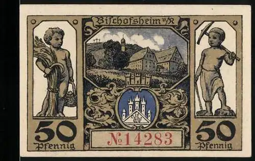 Notgeld Bischofsheim, 50 Pfennig, zwei Kinder mit landwirtschaftlichen Werkzeugen, Landschaft und Stadtwappen