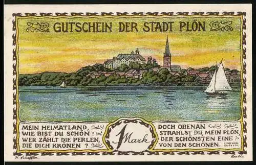 Notgeld Plön 1921, 1 Mark, Burglanschaft mit Segelboot und Stadtwappen