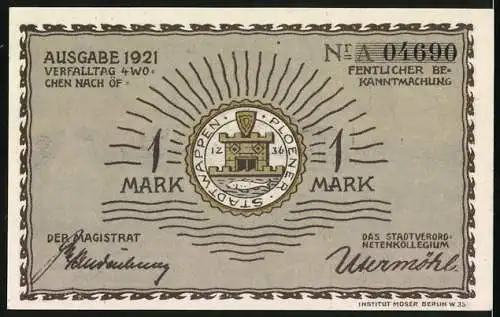 Notgeld Plön 1921, 1 Mark, Burglanschaft mit Segelboot und Stadtwappen