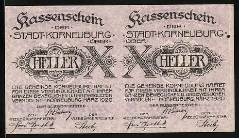 Notgeld Korneuburg 1920, 2x 10 Heller, Kassenschein der Stadt Korneuburg, gültig bis 31. Dezember 1920