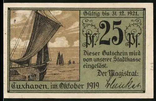 Notgeld Cuxhaven, 1919, 25 Pfennig, Vorderseite Segelschiff, Rückseite Schloss Ritzebüttel und Alte Liebe