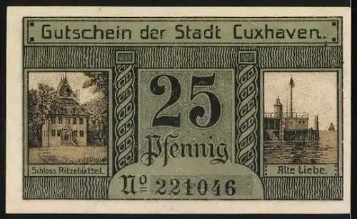 Notgeld Cuxhaven, 1919, 25 Pfennig, Vorderseite Segelschiff, Rückseite Schloss Ritzebüttel und Alte Liebe