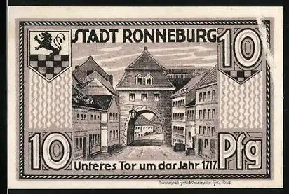 Notgeld Ronneburg 1921, 10 Pfennig, Unteres Tor um das Jahr 1717 und Stadtwappen mit Ritter