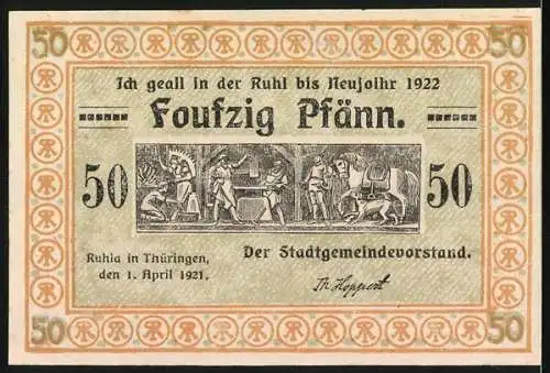 Notgeld Ruhla, 1921, 50 Pfennig, Kirche und Stadtgemeindevorstand