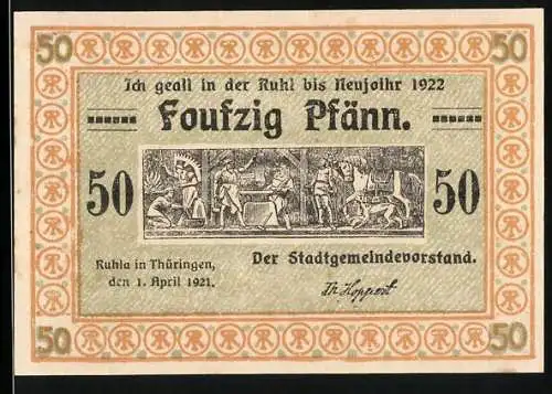 Notgeld Ruhla 1921, 50 Pfennig, historische Darstellung und städtisches Leben